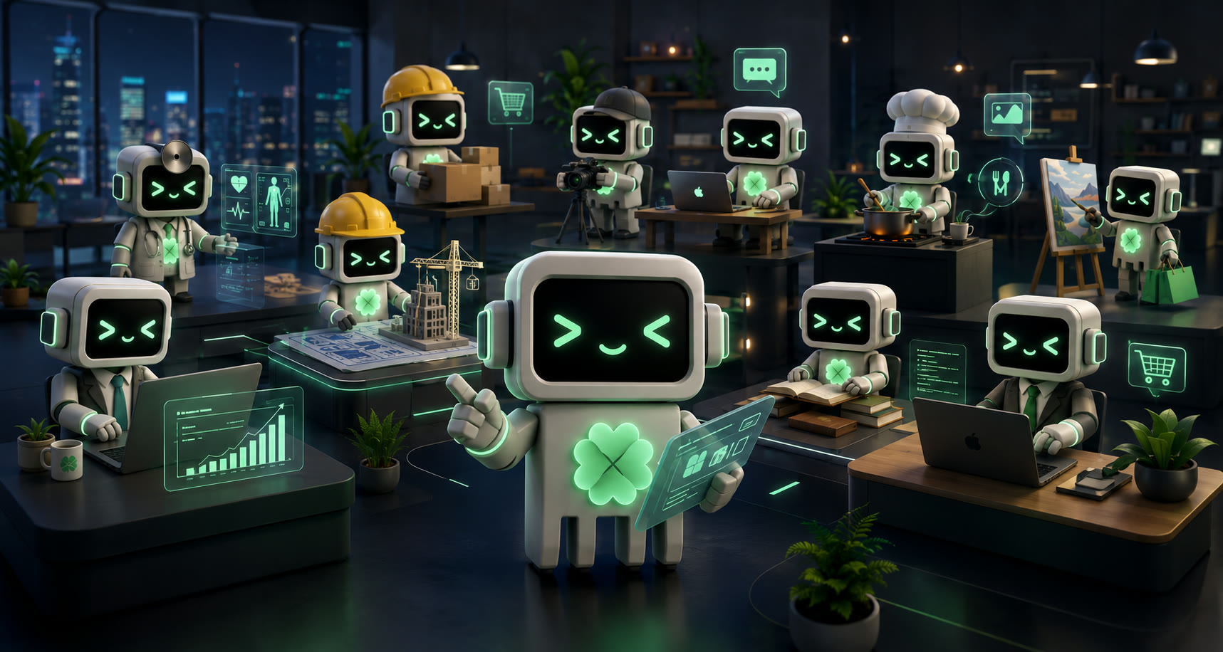 Equipo de robots asistentes de IA de Trevvel trabajando en distintas áreas de un negocio: salud, construcción, ventas, atención al cliente y más